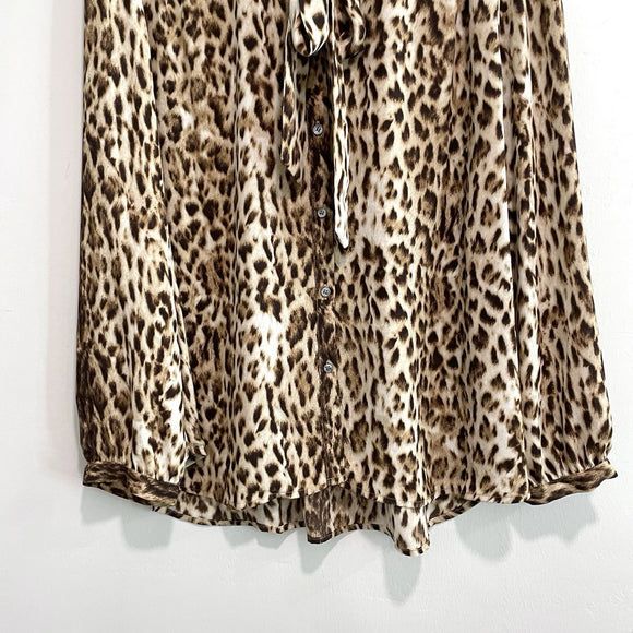 Tie Neck Button Down Leopard Print Top