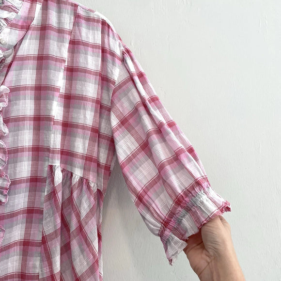 Ruffle Trim Plaid Button Down Top