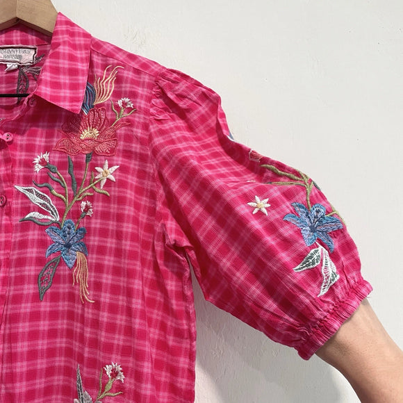 Floral Embroidered Plaid Button Top
