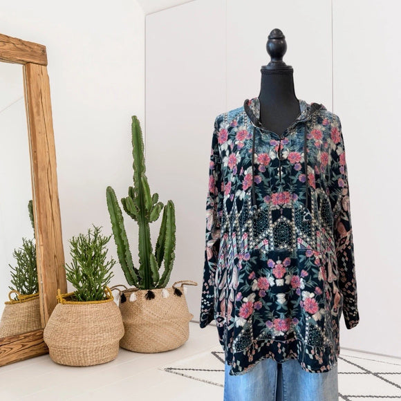 Burnout Geometric Floral Velvet Hoodie Top