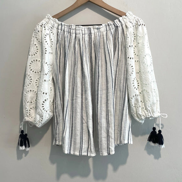 Eyelet Tassel Striped Top
