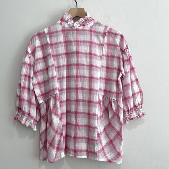 Ruffle Trim Plaid Button Down Top