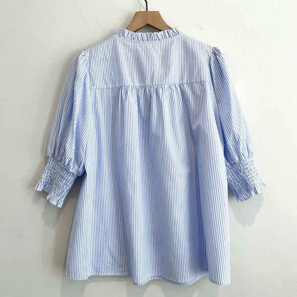 Smocked Striped Tie Neck Top