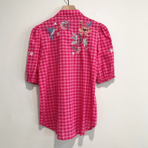 Floral Embroidered Plaid Button Top