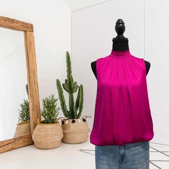 Smocked Mock High Neck Satin Top