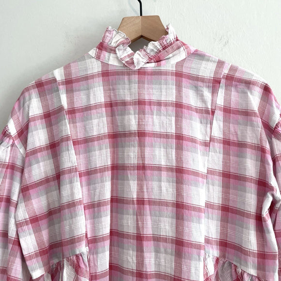 Ruffle Trim Plaid Button Down Top