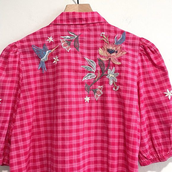 Floral Embroidered Plaid Button Top