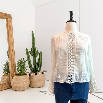 Crochet Lace Trim Button Back Top