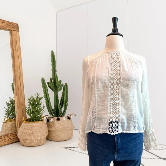 Crochet Lace Trim Button Back Top