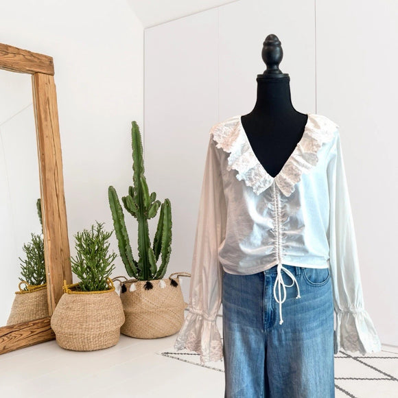 Lace Embroidered Cinch Front Top